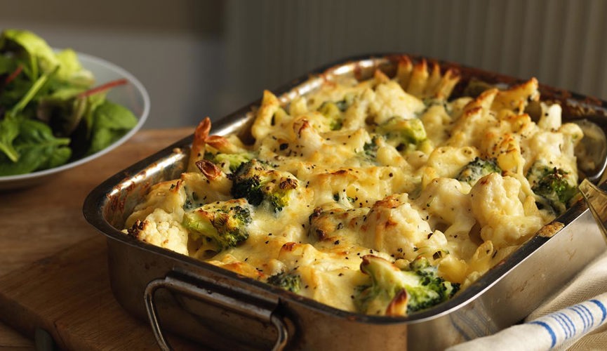 Cauliflower and broccoli cheese bake