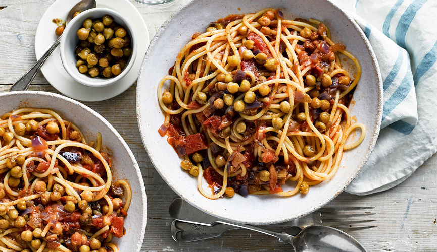 Vegan chickpea spaghetti Bolognese