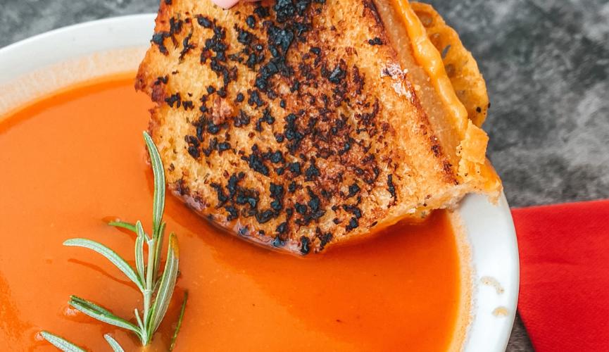 Garlic bread grilled cheese with tomato soup