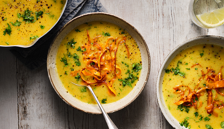 Lentil & vegetable soup with crispy carrot topper