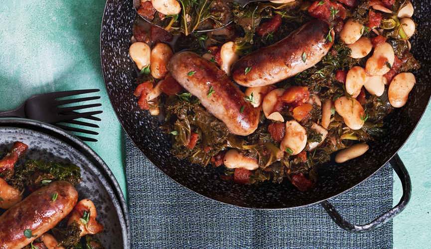 Sausage, kale and white bean bake