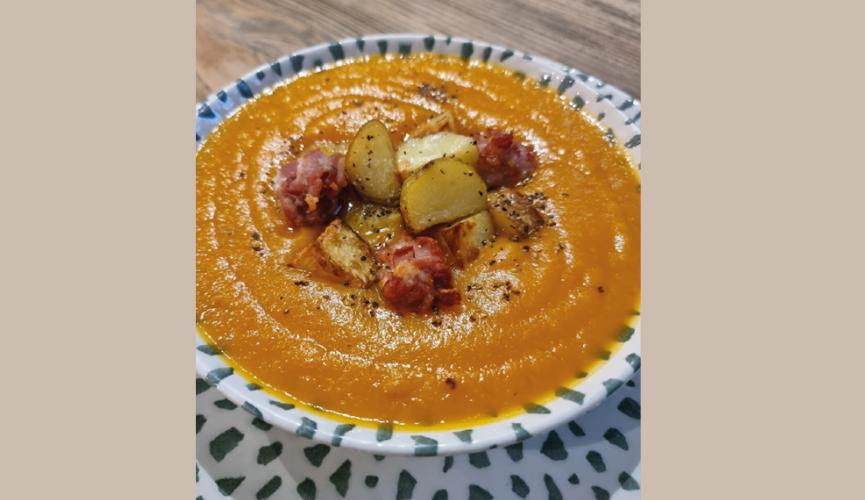 Christian's Carrot and potato soup, crispy potato croutons and bacon 'dumplings'