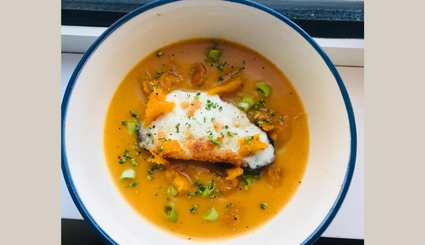 Sarah Copp's Oven-roasted butternut squash soup with a mozzarella crouton