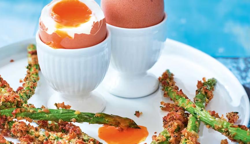 Asparagus bacon fries with dippy eggs